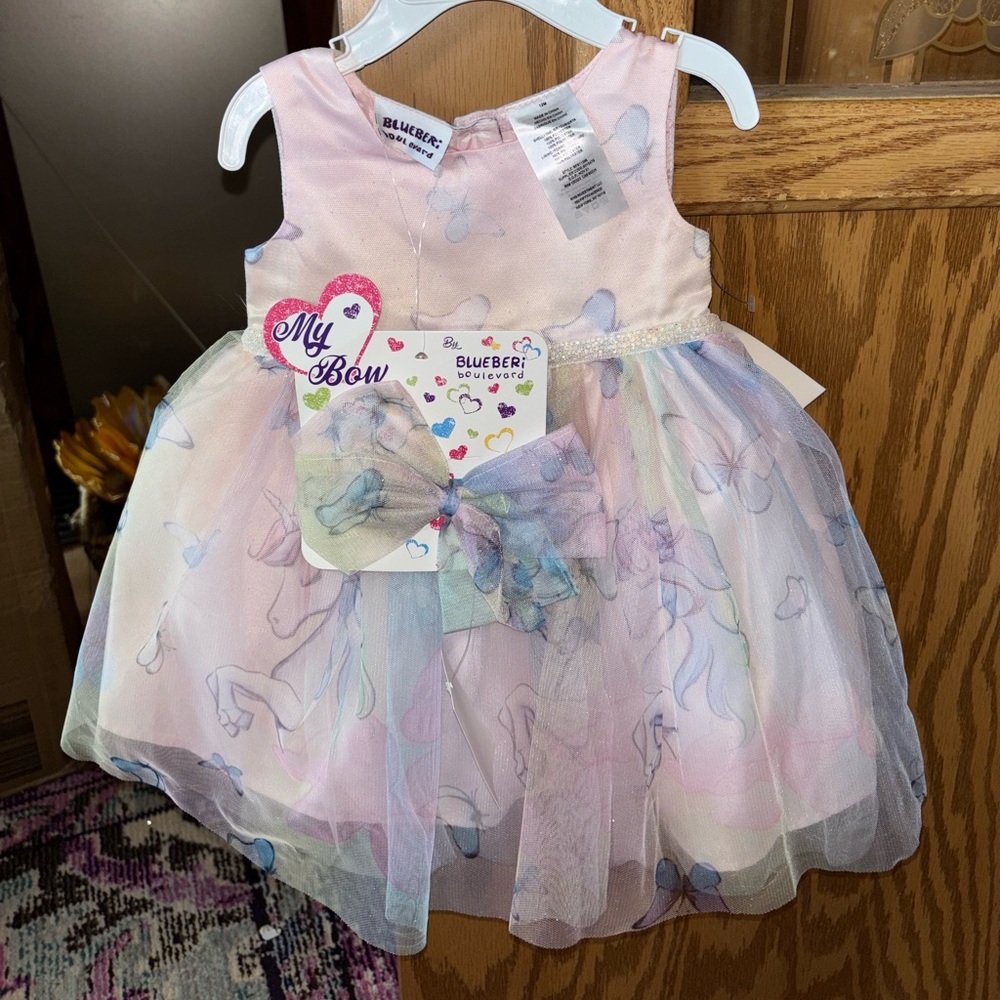 BLUEBERI boulevard Baby Dress 12M Unicorn Bow 2-Piece Set